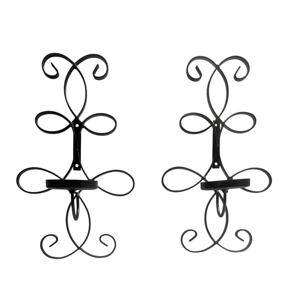 Ornate Black Iron Wall Sconce Candle Holders Set Of 2 Scroll Design 16" Tall